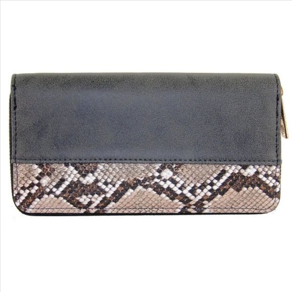 Black/ Brown Snake Print / Python Zip Around Wallet - NWT - Picture 1 of 6